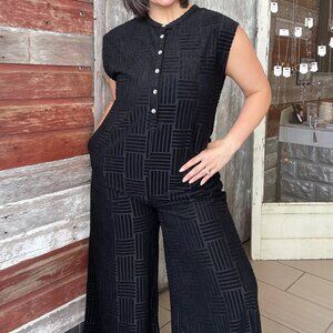 ENTRO Black Velour Textured Wide Leg Jumpsuit